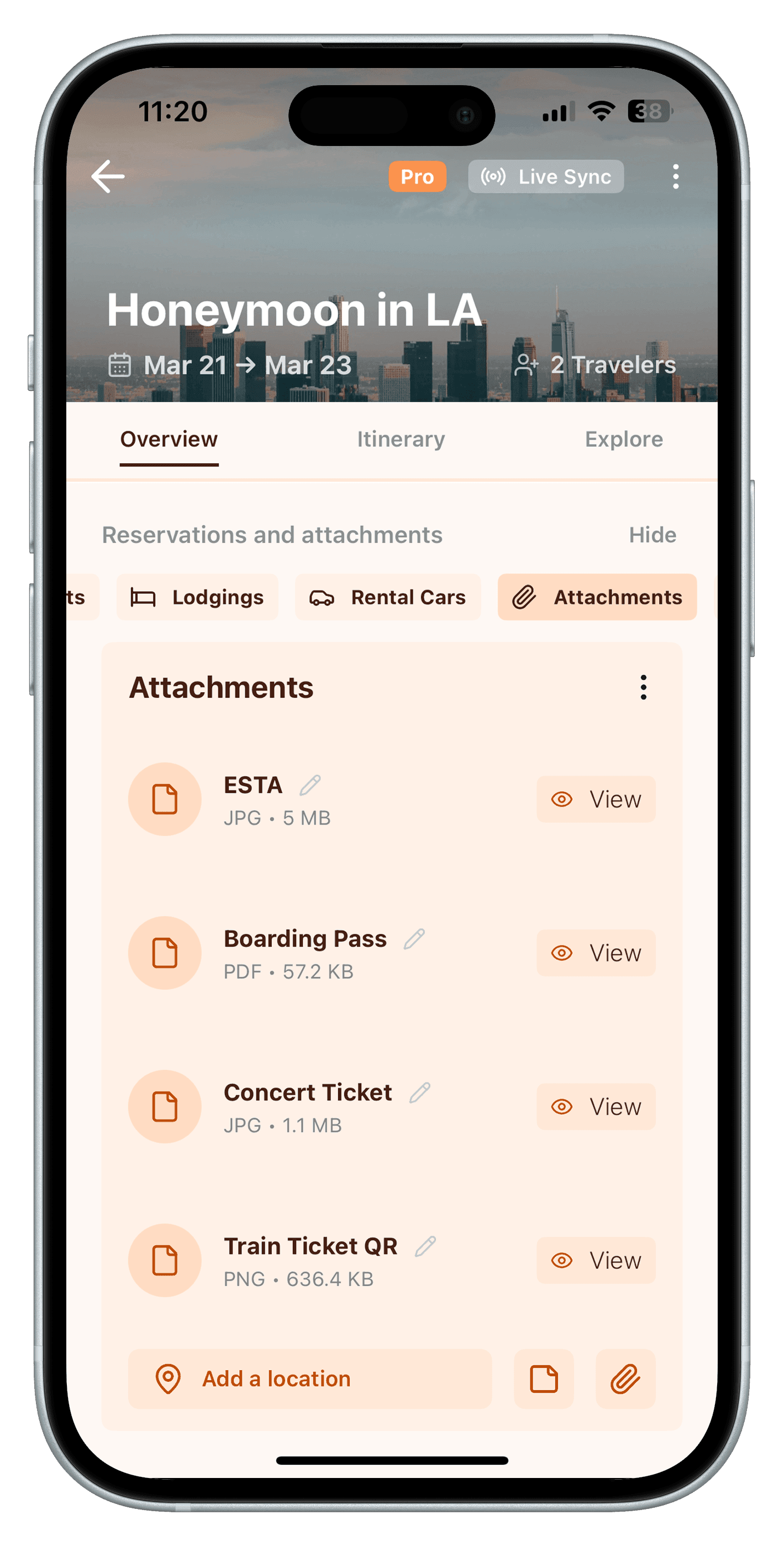 Attachments screen on iPhone