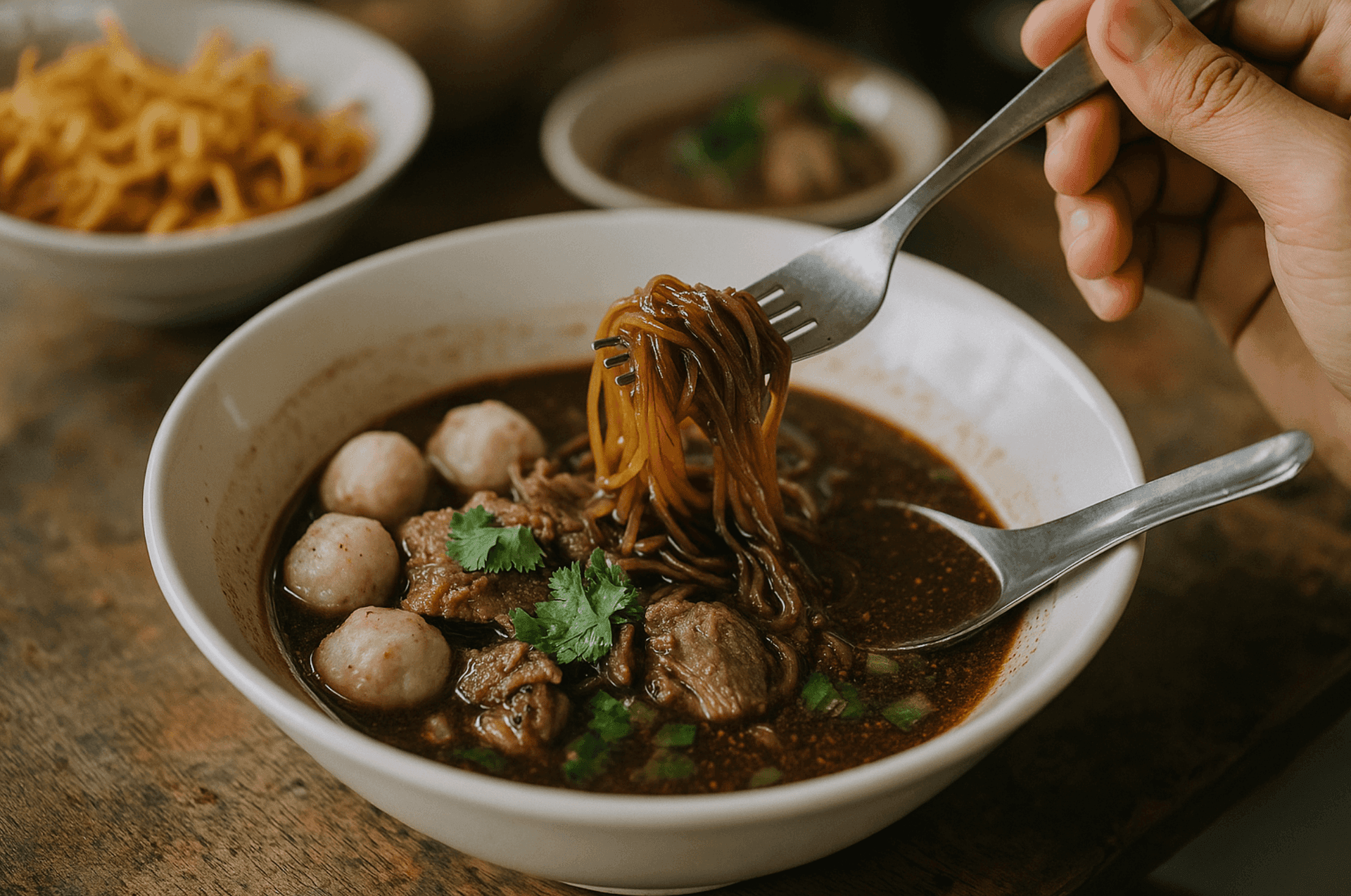 Boat noodle is a must try Thai delicacy.