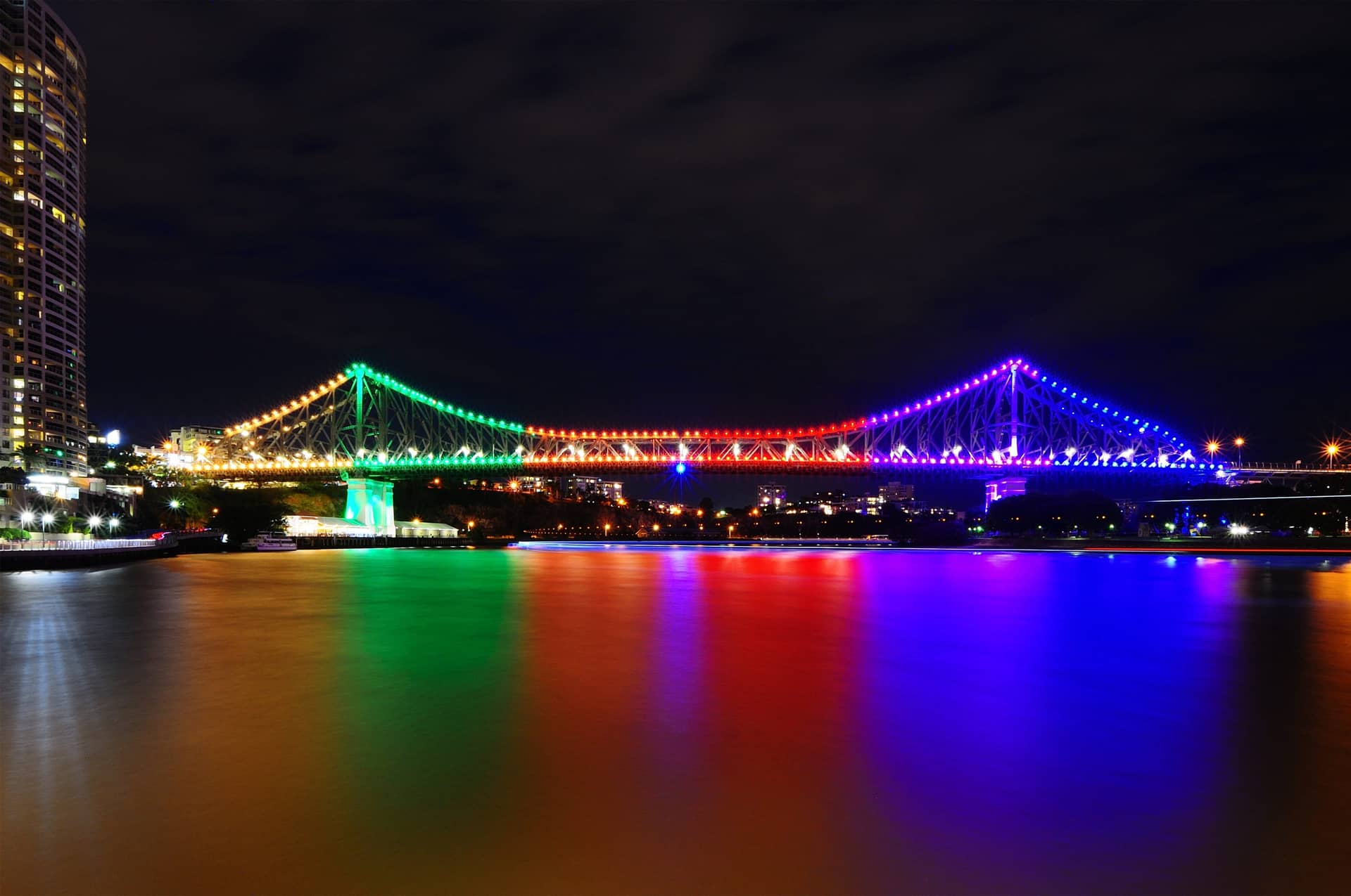 The beautiful rainbow bridge at night time.